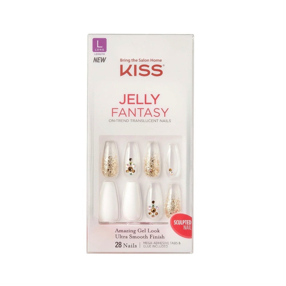 KISS Jelly Fantasy Sculpted Nails Long Coffin White Gold Glitter 28ct KGFJ03 NEW